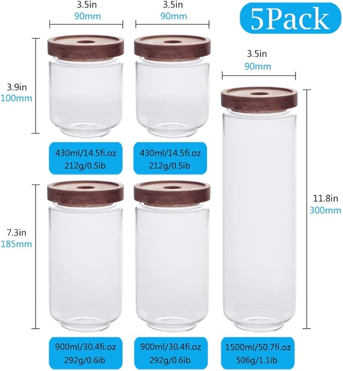 SAIOOL Set of 5 Kitchen Canisters,Thick, Stackable, Natural Style,Cookie, Rice and Spice Jars - Sugar or Flour Container - Big and Small Airtight Food Jar for Pantry