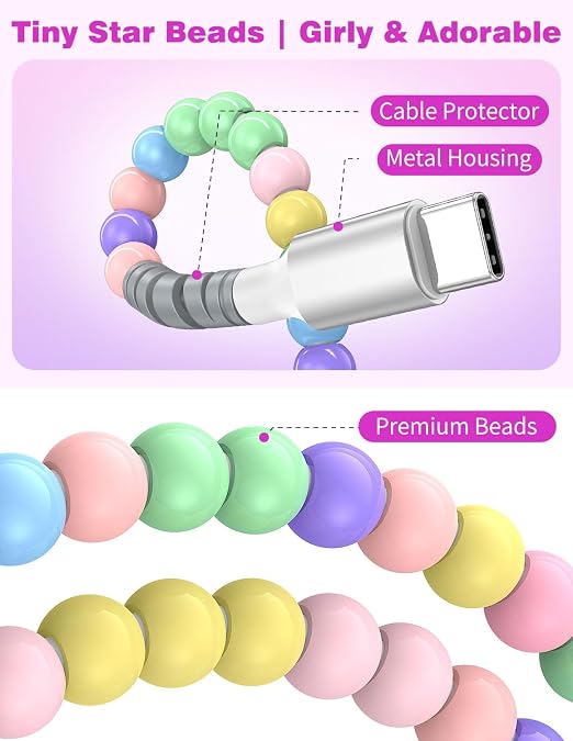 Jelanry 3FT USB-A to USB-C Fast Charging Cable Beaded &ampData Sync Women Girl | Cute kawaii beaded cable for iPhone 17/16/15 Samsung S26/S25/S24 Pixel iPad Fast charge for daily use office &amp tra