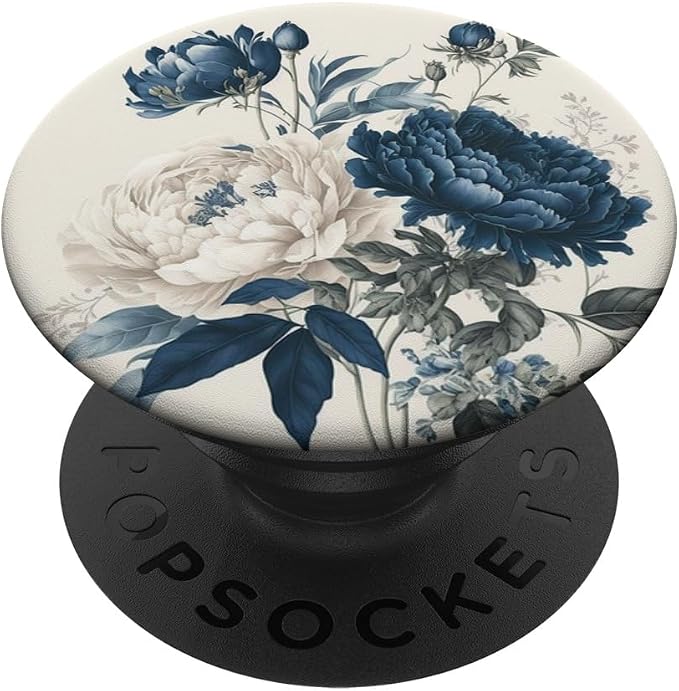 Navy Blue Peonies Blossom Leaves White Flowers Floral Girly PopSockets Adhesive PopGrip