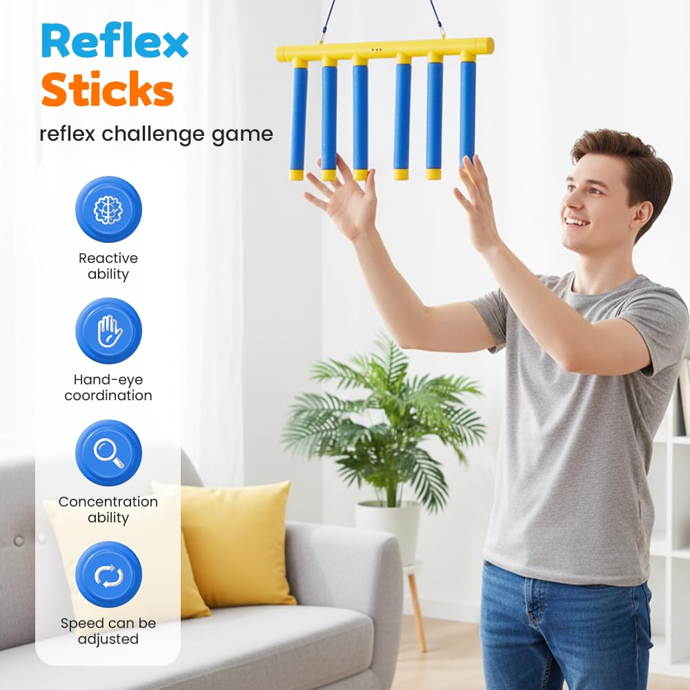 Jurfest Reflective Drop Stick Challenge Game, Hand Eye Coordination Reflex Training Toy, 3 Adjustable Speed Modes, Catching Sticks Game (Yellow)