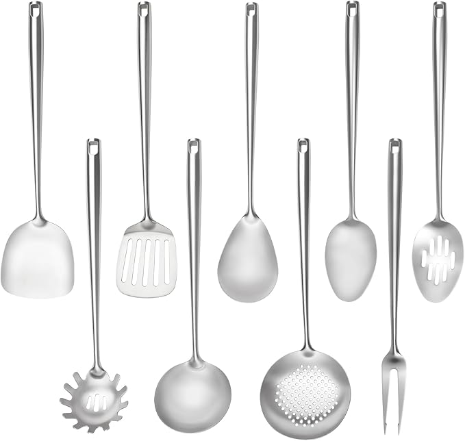 18/10 Stainless Steel Cooking Utensils Set,9 Pcs Professional All Metal Stainless Steel Kitchen Utensils Set with Wok Spatula,Soup Ladle,Skimmer,Slotted Spatula Turner, Large Spoon(Dishwasher Safe)