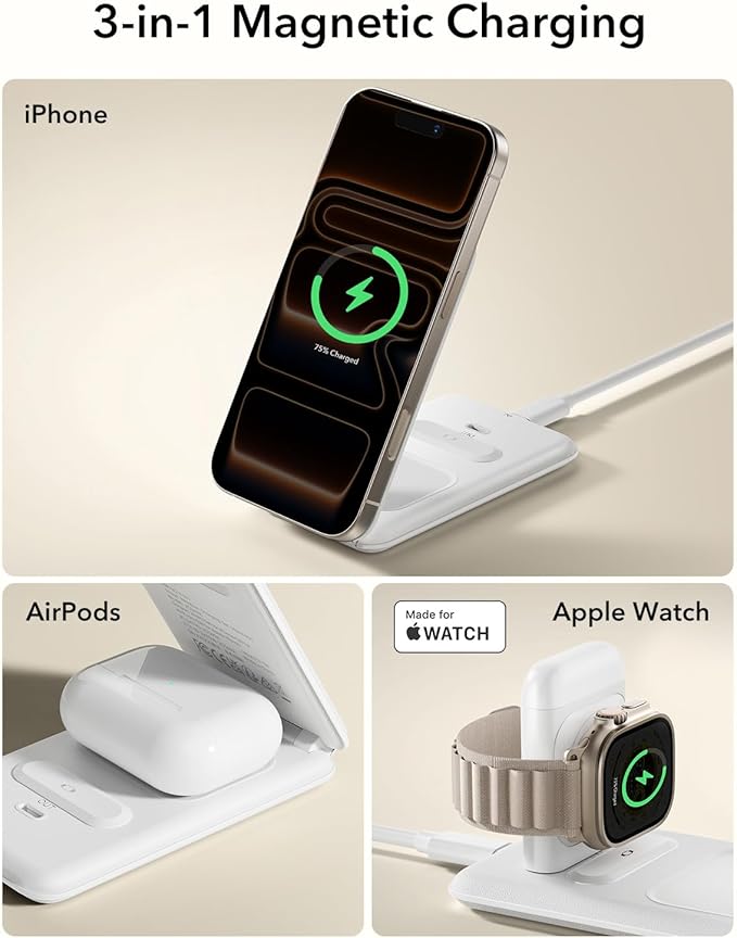 ESR 3 in 1 Charging Station for Apple, 15W MagSafe Charger Stand, MagSafe Travel Charger for iPhone 17/16/15/14/13/12 Series, Watch, AirPods, White (Bag Included)