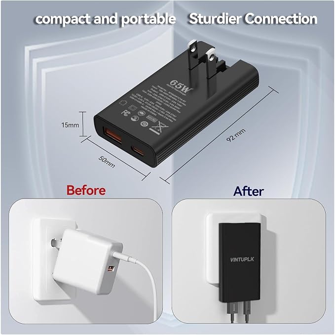 65W Ultra Slim USB C Charger Dual-Port GaN Wall Adapter Fast Charging for iPhone 16/15 Pro Max Galaxy Black