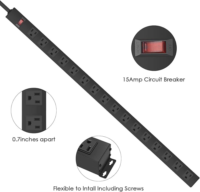 HHSOET Metal Wall Mount Power Strip, Mountable Power Outlet, Aluminum Alloy Mount Power Socket with Switch, 10 FT SJT 3/C 14AWG Power Cord, 15A 125V 1875W (16 Outlet) Black
