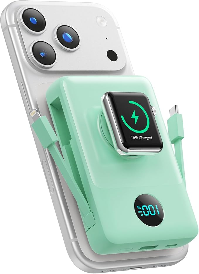 6 in 1 Magnetic Portable Charger for iPhone with Built-in Cables, 10800mAh 25W PD Fast Charging Power Bank, 6 Outputs Travel Essential Battery Pack for iPhone 17/16/15/14/13/12,Apple Watch (Green)