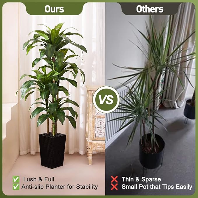 Artificial Dracaena Tree 6FT - Fake Tree with Black Taper Planter & Pebbles - UV Resistant Faux Yucca Tropical Plant - Artificial Trees for Home Office Living Room Decor Indoor Outdoor