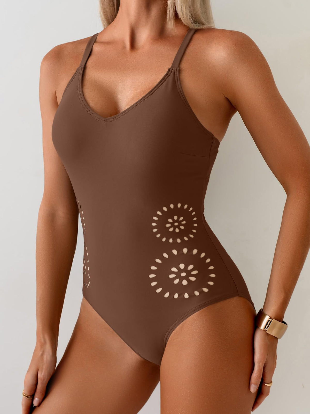 Aidonger Women's One Piece Swimsuit Tummy Control V Neck Bathing Suit Slimming Cutout Tie Knot Swimwear Coffee