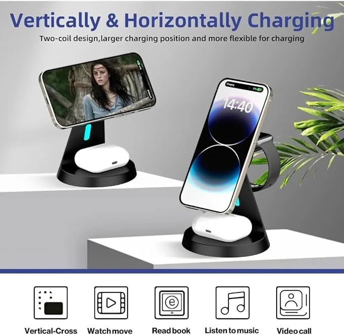 Desktop 3-in-1 Travel Magnetic Wireless Charger Dock for Magsafe iPhone 17 16 15 14 13 12 Apple Watch 11-2 Airpods Pro 3/2 Fast Charging (Black)