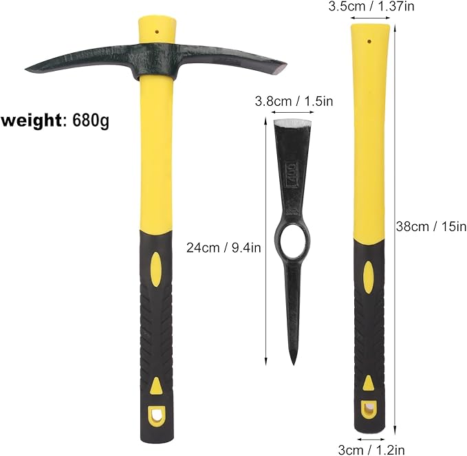 3 Packs 15 Inch Garden Pick Axes with Fiberglass Handle，Hand Pickaxe, Cast Steel of Pick Axes Head for Gardening, Camping, Prospecting, and Outdoor Activities