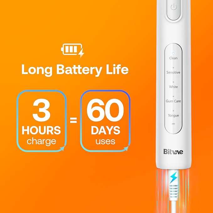 Bitvae R1 Rotating Electric Toothbrush for Adults and Kids with 60-Day Battery Life, 8 Brush Heads Rechargeable Power Toothbrush, 5 Modes, Brushing Timer, White