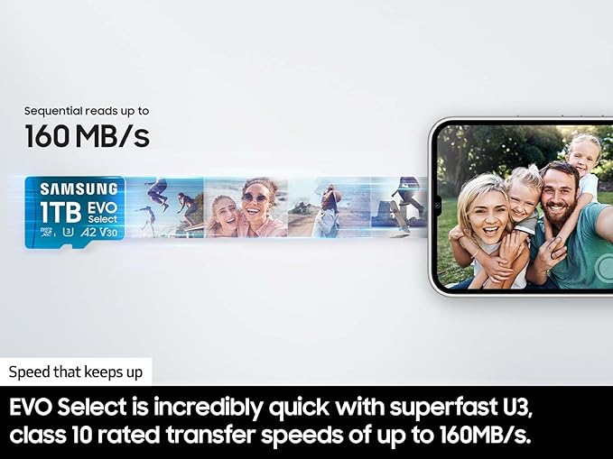 Samsung EVO Select microSDMemory Card + Adapter, 256GB microSDXC, Up-to 160 MB/s, 4K UHD, UHS-I, C10, U3, V30, A2, for Mobile Phone, Smartphones, Nintendo-Switch, and Tablets (MB-ME256SA/AM)