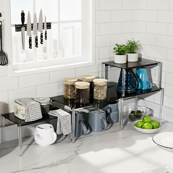 Kreasvae Cabinet Organizer Acrylic Spice Rack, 4 Pack Stackable Shelf Riser for Kitchen Pantry Countertop, Expandable Storage Organizer for Bathroom Office