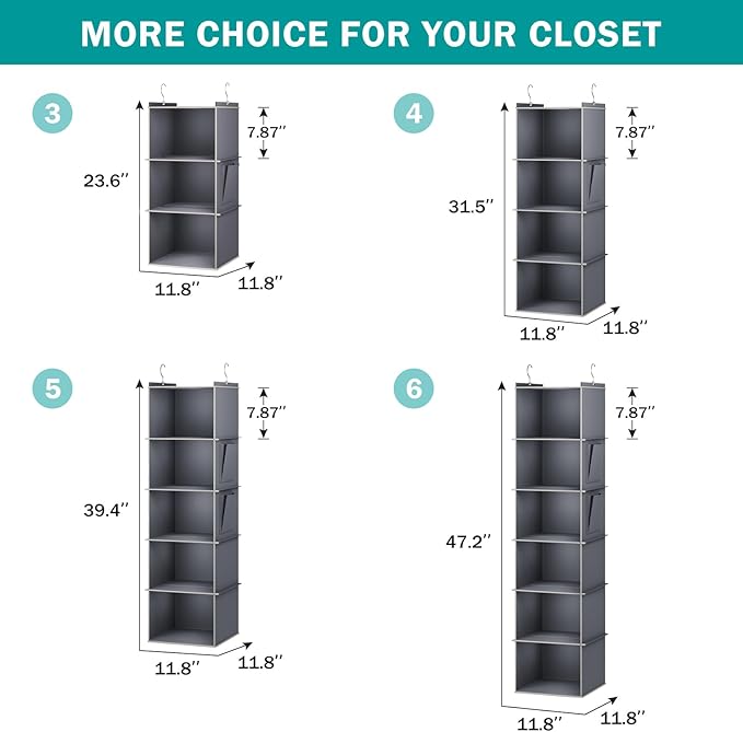 YOUDENOVA Hanging Closet Organizer, 4-Shelf Closet Hanging Storage Shelves, Grey