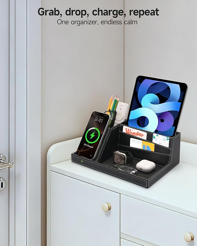 Fast Wireless Charging Station with Desk Organizer for iPhone 17/16/15/15 Pro/14/14 Pro Max/14 Pro/14 Plus/13/13 Pro Max/13 Pro/and iPhone 12/11 Series Nightstand Desktop Organizer for Home Office