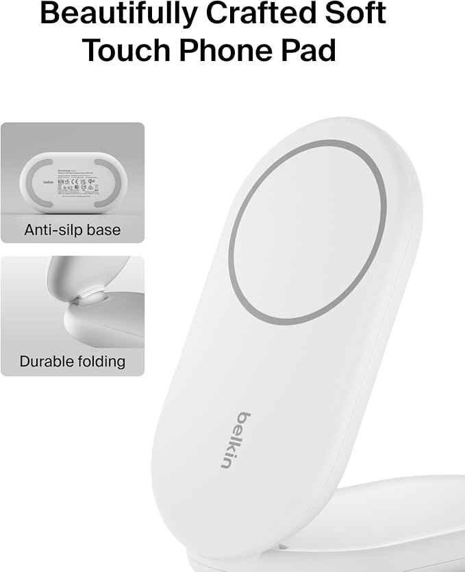 Belkin Qi2 15W Magnetic Wireless Charger 2 in 1 Foldable Non-Slip | MagSafe compatible iPhone 16 Apple Watch Samsung Galaxy S25 compatible power adapter included