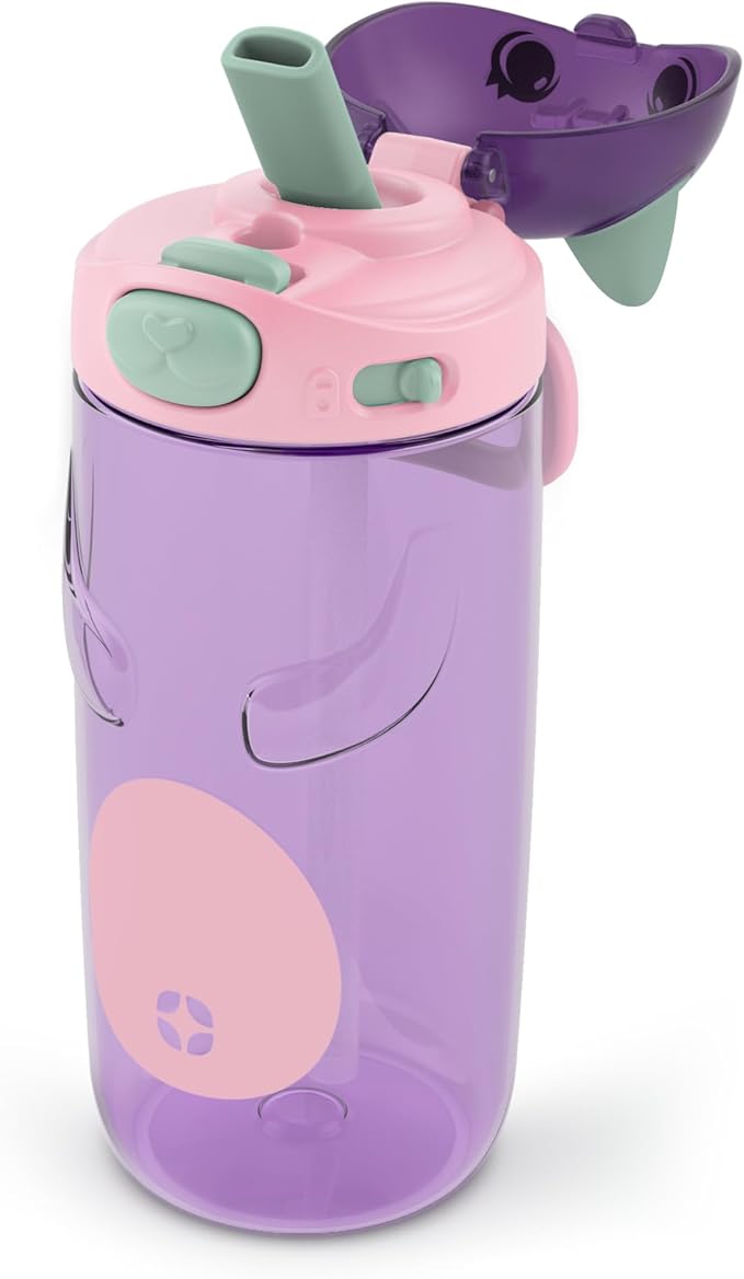 Ello Ellies 16oz Plastic Kids Water Bottle with Straw and Built-in Carrying Handle and Leak-Proof Locking Lid for School backpack, Lunchbox and Outdoor Sports, Cat