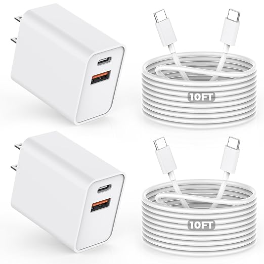 10FT iPhone 17/16e Fast Charger2Pack 20W Dual Port USB A+C QC Apple Adapter with 10 Foot USB C to C Fast Charging Cable Cord for iPhone 17Air/17Pro/17Pro Max/16/16Pro/15/15Pro/Pro Max/Plus(Blue/Pink)