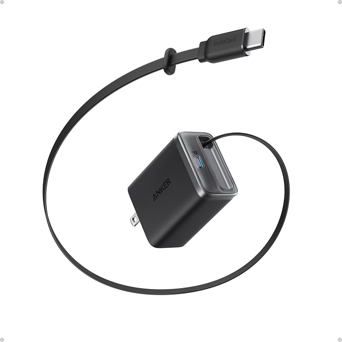 Anker Nano Retractable USB C Charger Block Compact 35W Phone Charger | 2-Port Charger with Durable Built-in Anker InstaCord Retractable Cable for iPhone 17/16/15 iPad(BlackNon-Battery)