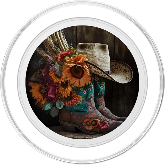 Boho Cowgirl Boots with a Flower Feather Hat for Western Rod PopSockets Adhesive PopGrip