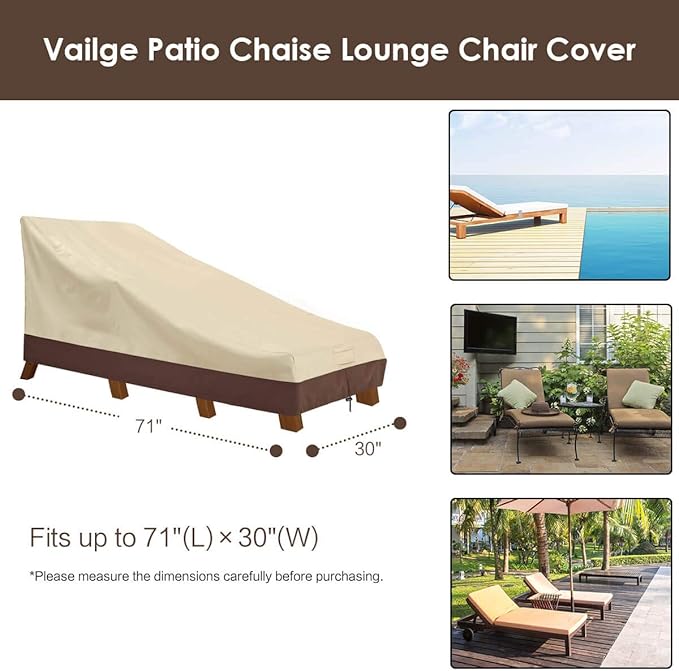 Vailge Waterproof Patio Chaise Lounge Cover, 600D Heavy Duty Outdoor Lounge Chair Covers,UV Resistant Patio Furniture Covers,Small,Beige & Brown