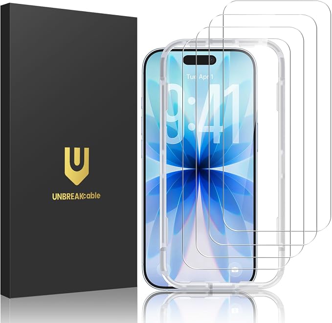 UNBREAKcable 4-Pack iPhone 15 Screen Protector 9H Hardness | 9H tempered glass | 99.99% HD clarity | Double Shatterproof|alignment frame easy install | case-friendly