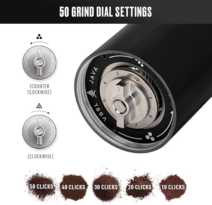 VSSL JAVA Manual Hand Coffee Grinder. 50 adjustable grind settings for Aeropress, French Press, Drip Coffee, Espresso with best-in-class stainless steel burrs. 20g capacity Black 6''