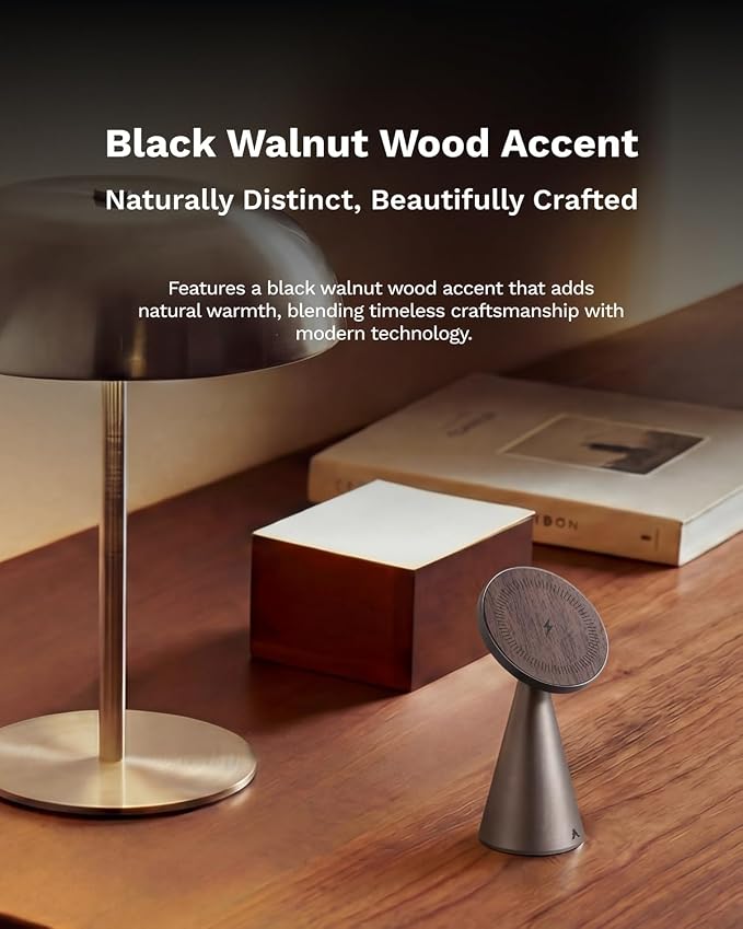 Black Walnut Wood and Aluminum Wireless Charger | Magnetic Charging Stand for iPhone Compatible with MagSafe