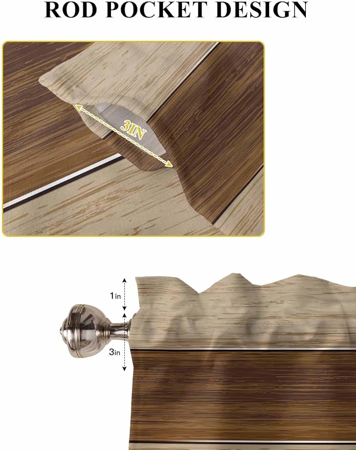 Retro Country Brown Wooden Board Window Valance Curtains, Farmhouse Gradient