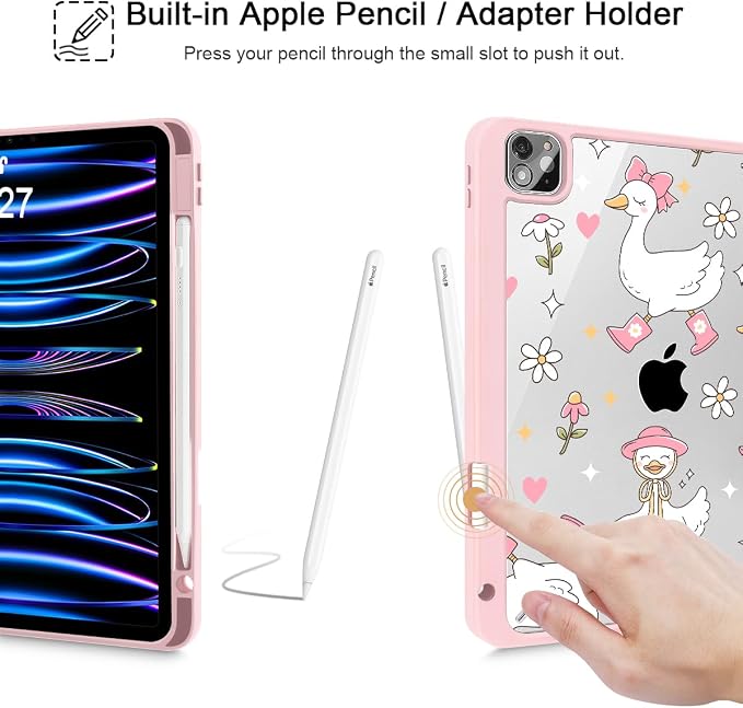 May Chen Case for iPad 12.9 Inch (6th/5th/4th/3rd Generation 2022/2021/2020/2018) Pencel Holder + Trifold Support Auto Sleep/Wake Transparent Shockproof Back Cover Blue Bows