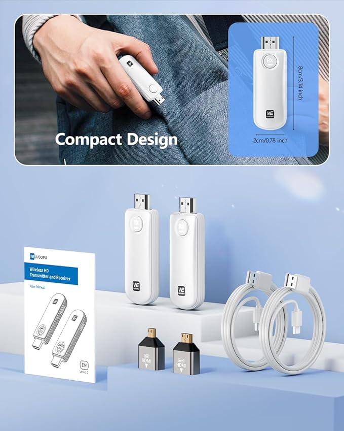 WELUSOPU Wireless HDMI Transmitter and Receiver, HDMI Wireless 4K Decode 1080P Output, 2.4G/5.8G, 328FT/100M, Plug &Play for Laptop Camera TV Box to TV Monitor Projector for Home Church Office - White