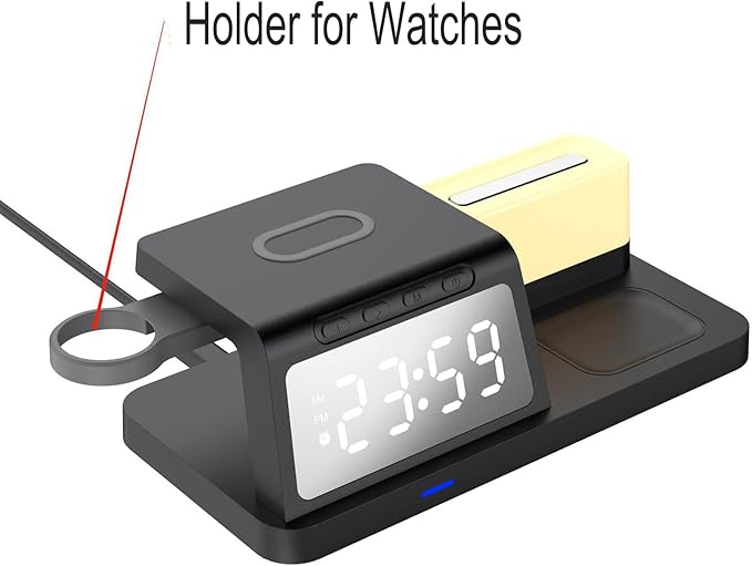 FJHBL Multi-Functional Wireless Charger with Clock -HT309(Black), Alarm, Color-Switchable Night Light, 15W Wireless Charging, Compatible with Almost All Qi-Enabled Phones, Watches, and Earbuds.