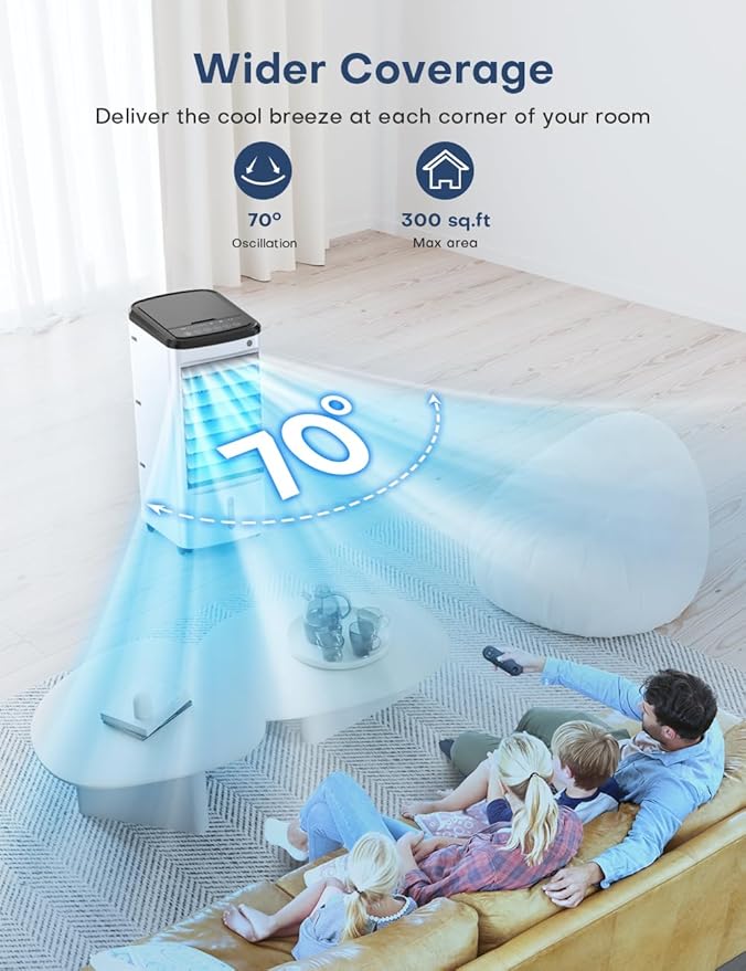 CENSTECH 4-IN-1 Portable Air Conditioners, Evaporative Air Cooler w/3Modes & 3Speeds, 12H Timer for Smart Auto-off, 1-Gal Tank for 15H Cooling, 26FT Remote, No Hose Needed, 70°Oscillating Swamp Cooler