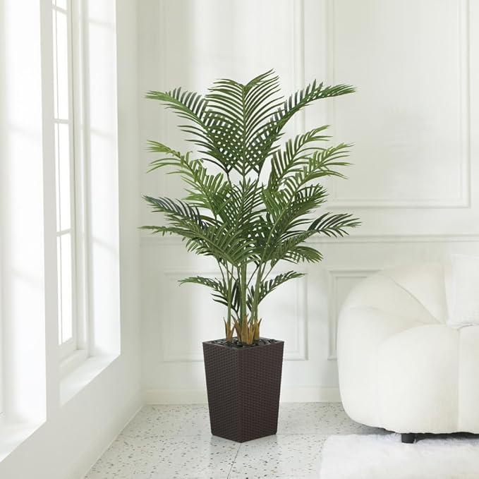 5FT Artificial Palm Tree - Tall Fake Tree with Brown Taper Planter & Pebbles, UV Resistant for Indoor & Outdoor Decor - Large Potted Faux Plant for Living Room, Office, Home Decor,VN130