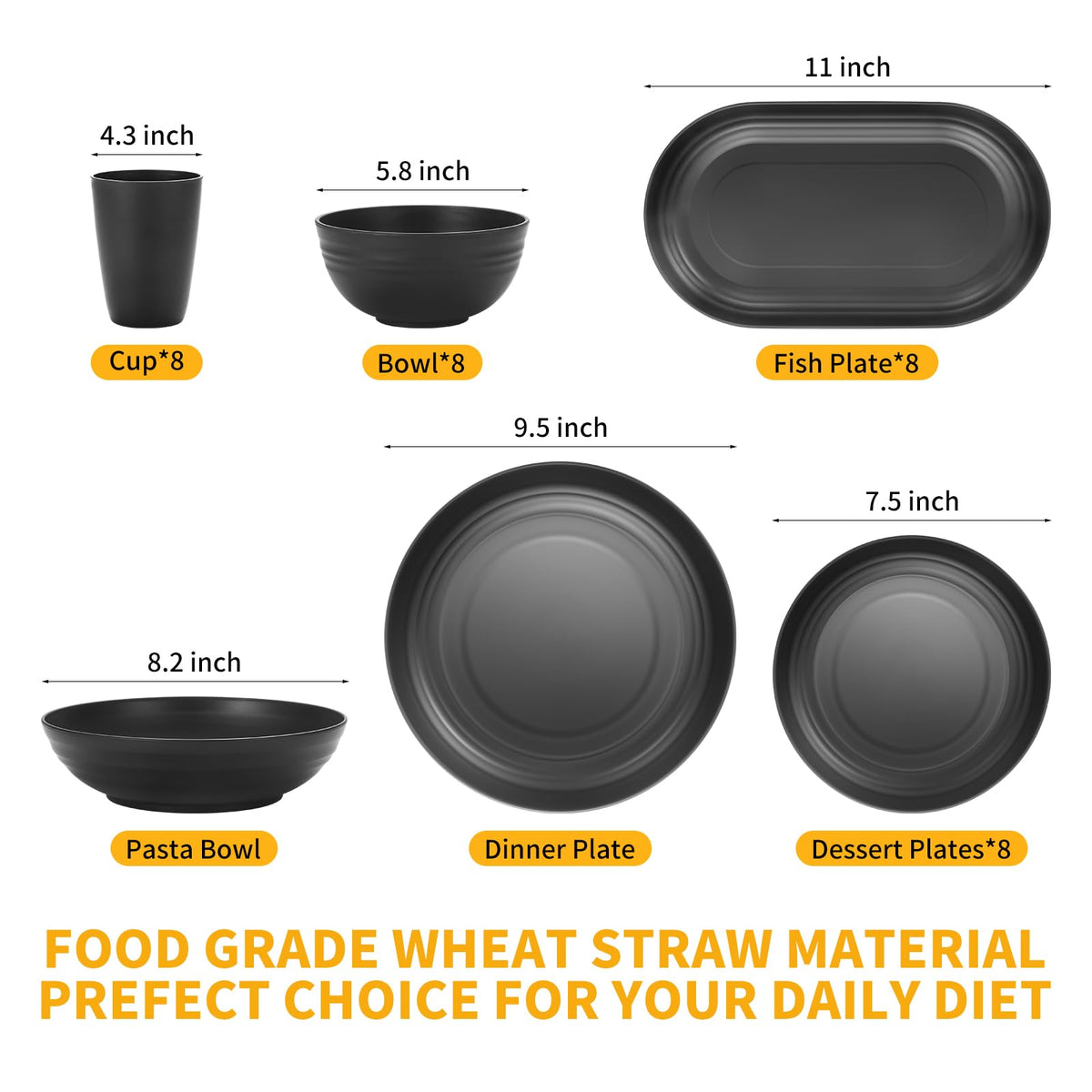 Lazycorner 48-Pcs Kitchen Wheat Straw Dinnerware Set, Service for 8, Plastic Reuasble Dinner Dishes Serving Plate Set for Kitchen, Including Dinner Plate, Dessert Plates, Bowl, Cup(Black)