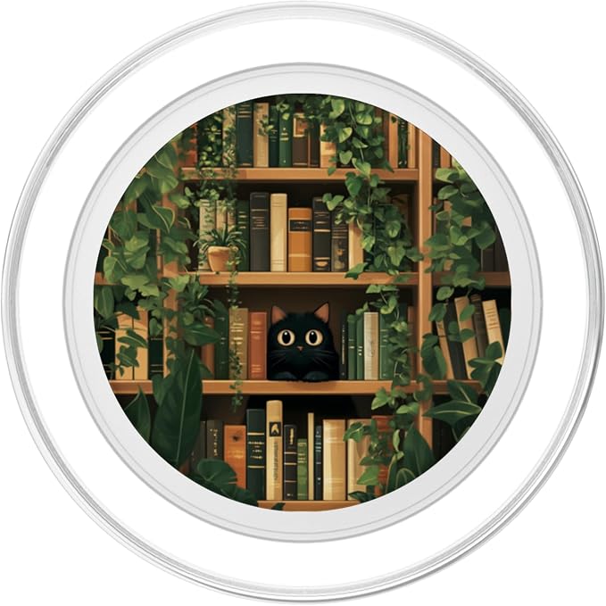 Cute Black Cat Hiding On Bookshelves Plants Library Bookish PopSockets Adhesive PopGrip