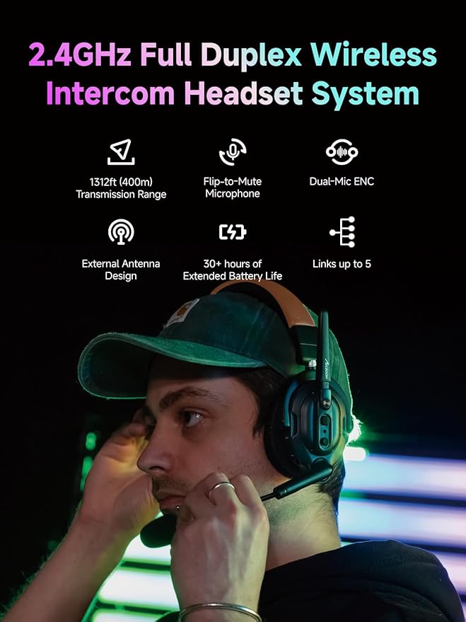 Accsoon Como SE Wireless Intercom Headset System Full-Duplex 2.4GHZ 1312FT Range 30H, 5 Person Team Communication Headset Intercom with Noise Cancellation for Filming Shoot Gruop Talk(1 Host 4 Remote)