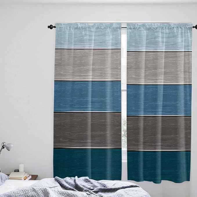 Retro Farm Blue Gray Wood Grain Window Valance Curtains, Rustic Wooden Plank