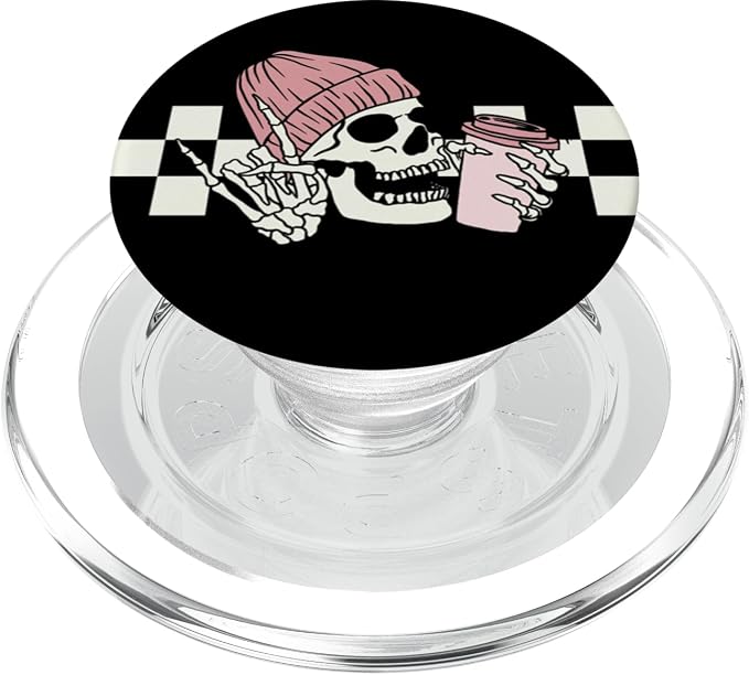 Skeleton Peace Sign Coffee Checkerboard PopSockets Adhesive PopGrip