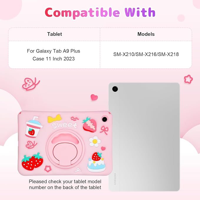 VOFUOE for Samsung Galaxy Tab A11 Plus Case 2025 Galaxy Tab A9 Plus Case 2023 11 Inch for Kids Girls with Shoulder Straps Rotating Stand Strawberry Yogurt Cake Soft Silicone Protective Cover-Pink