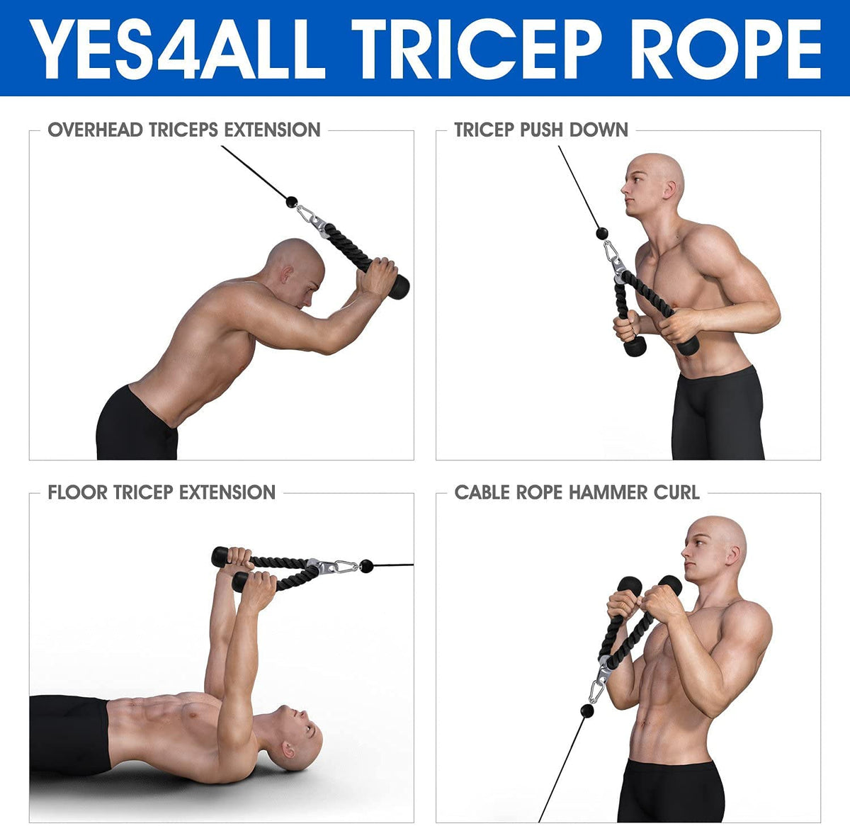 Yes4All Deluxe 36" Red Tricep Rope with Carabiner, Exercise Machine Attachments, Pulley System Pull Down Rope, LAT Cable Attachment for Row Machine & Cable Machine