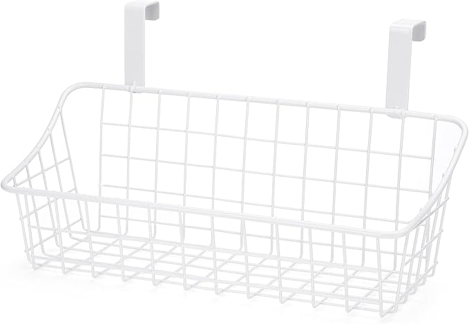 LeleCAT White Basket with hook Grid Storage Basket,Hang it behind a door or on a railing,Over the Cabinet Door,2 Pack