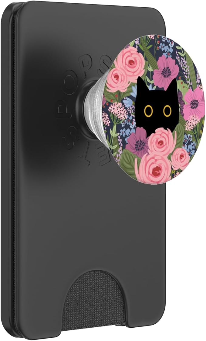 Black Cat Hiding in Garden Flowers Cute Floral Pattern PopSockets Adhesive PopGrip