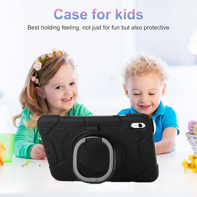 for iPad (A16) 11th Generation case 11''(2025)/10th Generation case 10.9''(2022)360°Rotatable Stand with [Pencil Holder&ampShoulder Strap] Heavy Duty Shockproof Protective Silicone Case (Black)