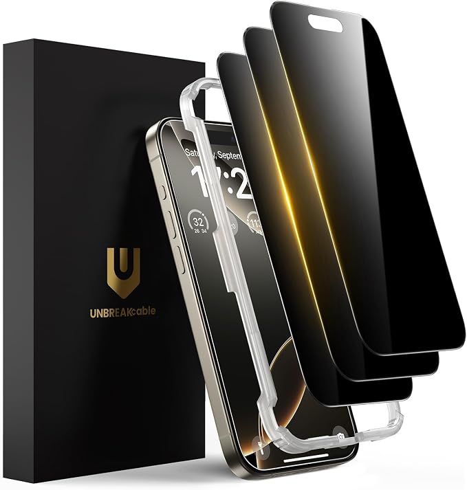 UNBREAKcable Privacy Screen Protector for iPhone 15 (6.1) 25° Anti-Spy Tempered Glass Easy Install Alignment Frame Case-Friendly 9H Hardness Anti-Fingerprint 3-Pack