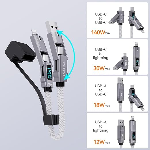 PZOZ 4-in-1 Keychain Charging Cable 60W Fast Charging USB C Cable with LED Display USB A/C to USB C &amp Lightning Portable Short Charger Cord for iPhone 16/15 iPad MacBook Samsung (60W 7.3 in