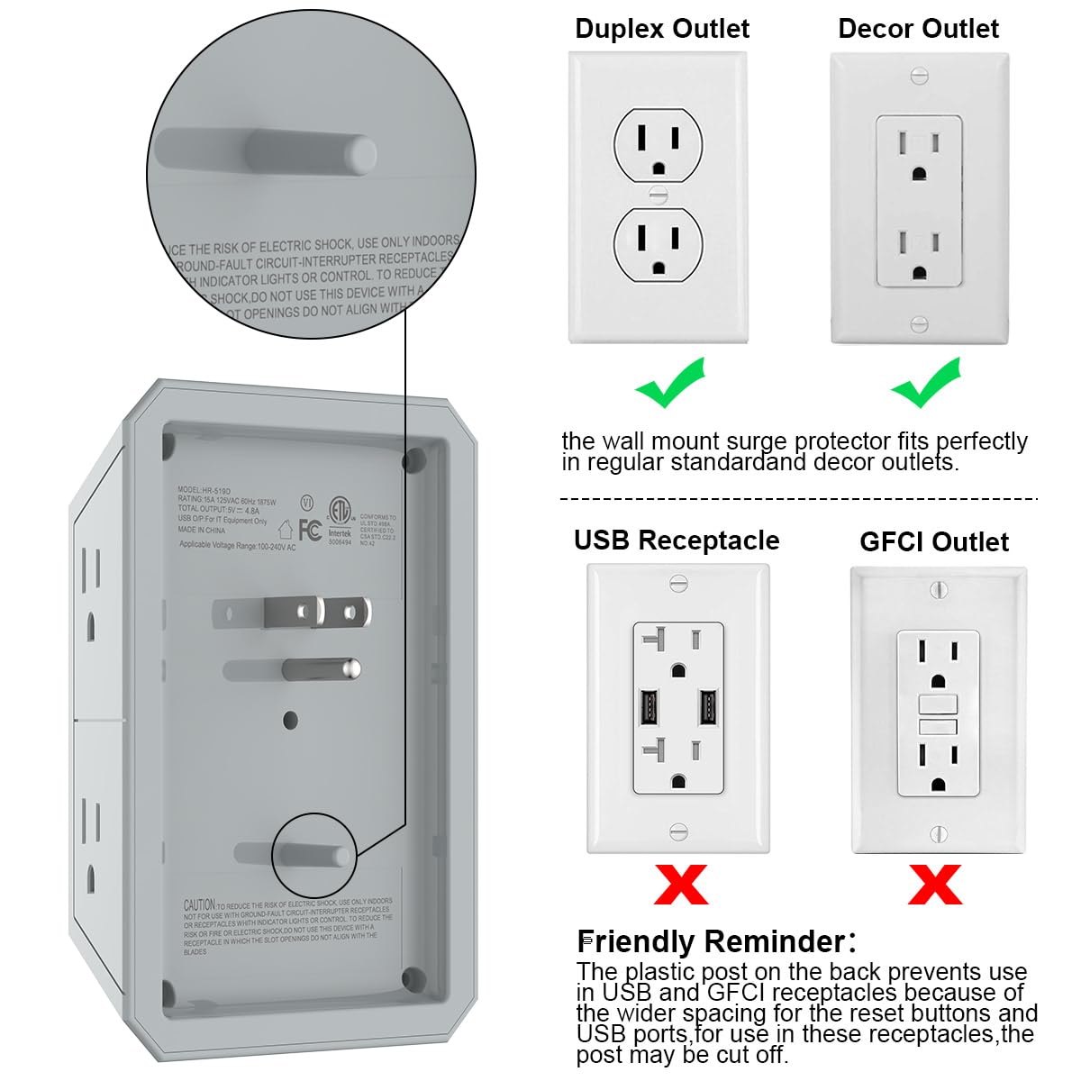 USB Wall Charger, Surge Protector, QINLIANF 5 Outlet Extender with 4 USB Charging Ports (4.8A Total) 3-Sided 1680J Power Strip Multi Plug Outlets Wall Adapter Spaced for Home Travel Office(3U1C),Grey