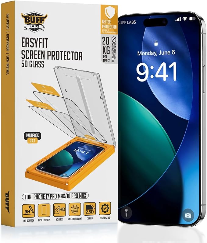 BUFF LABS 2-Pack Screen Protector for iPhone 17 Pro | iPhone 17 | iPhone 16 Pro [6.3”] Tempered Glass with Auto-Alignment Kit - Bubble-Free Drop Protection Easy Installation Case-Friendly
