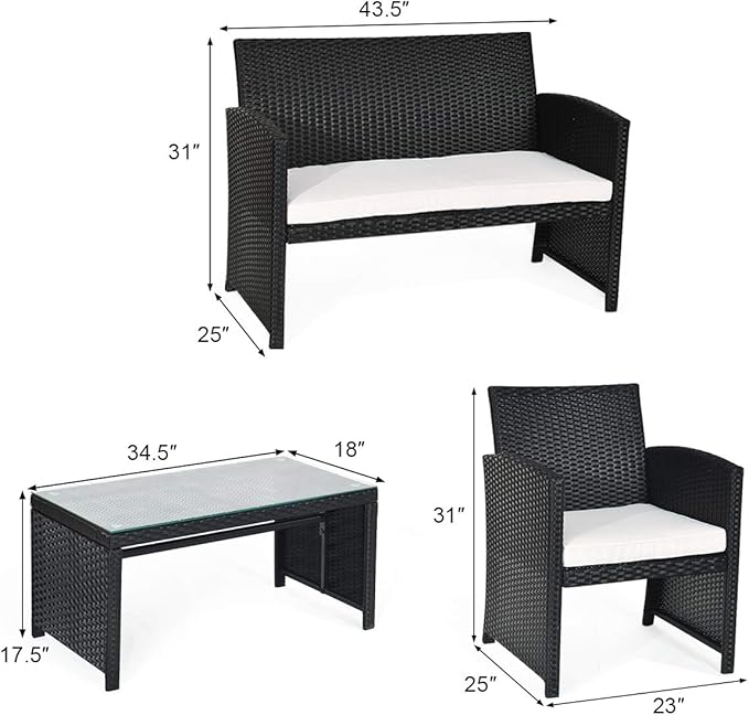 Tangkula Patio Wicker Conversation Furniture Set, Patiojoy Sofa & Table Set w/4 Seats, Outdoor Rattan Sofa Set for Balcony Backyard, Wicker Chair Set with Tempered Glass Coffee Table (2, White)