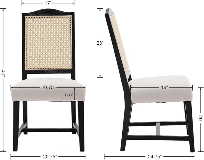 EALSON Mid Century Modern Dining Chairs Set of 4 Linen Upholstered Dining Room Chairs with Cane Back Black Wood Frame Side Chairs for Dining Room, Beige