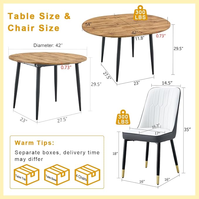 42"-54" Extendable Dining Table Set for 4, Round Dining Table Set for 4, 0.73" Thick Wood Tabletop with Smooth Edge, Black Metal Leg with Non-Slip Footmat, 4 Soft PU Chairs, for Kitchen, Small Space